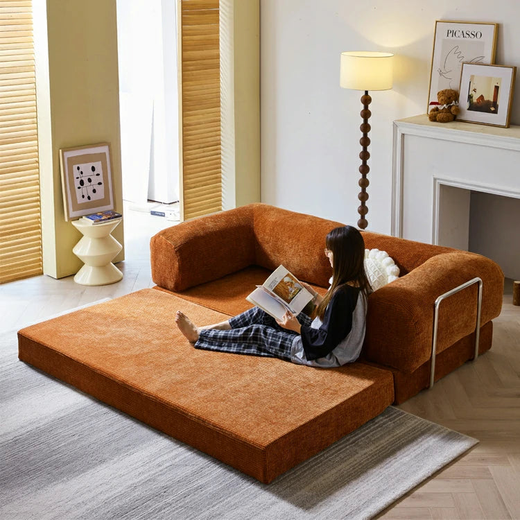 folding couch bed, small sectional sofa, Compression foam sofa,Orange Corduroy