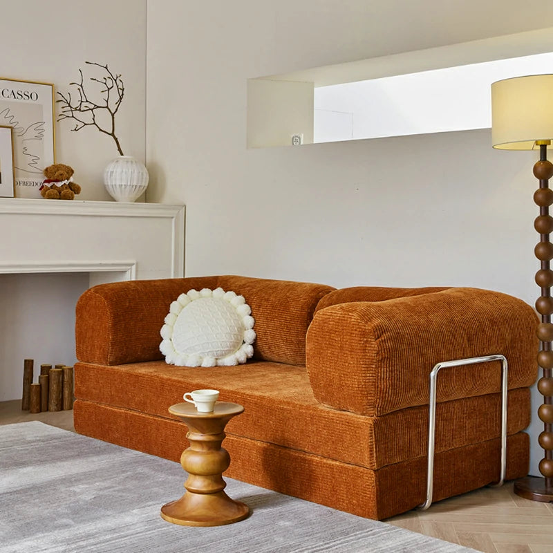 folding couch bed, small sectional sofa, Compression foam sofa,Orange Corduroy