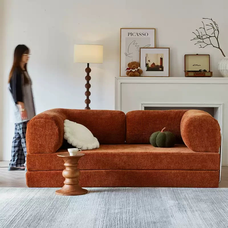 folding couch bed, small sectional sofa, Compression foam sofa,Orange Corduroy