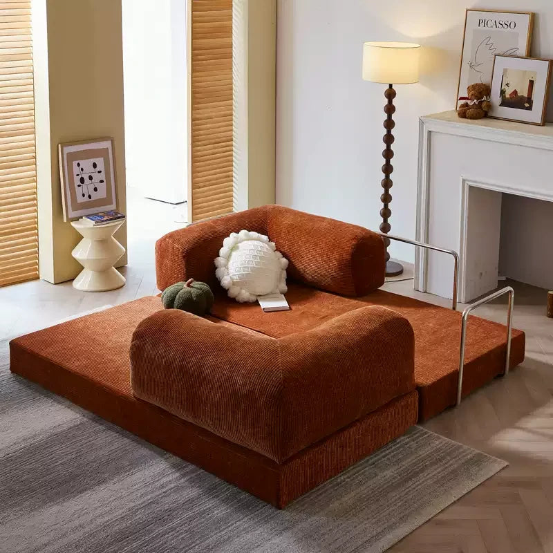 folding couch bed, small sectional sofa, Compression foam sofa,Orange Corduroy