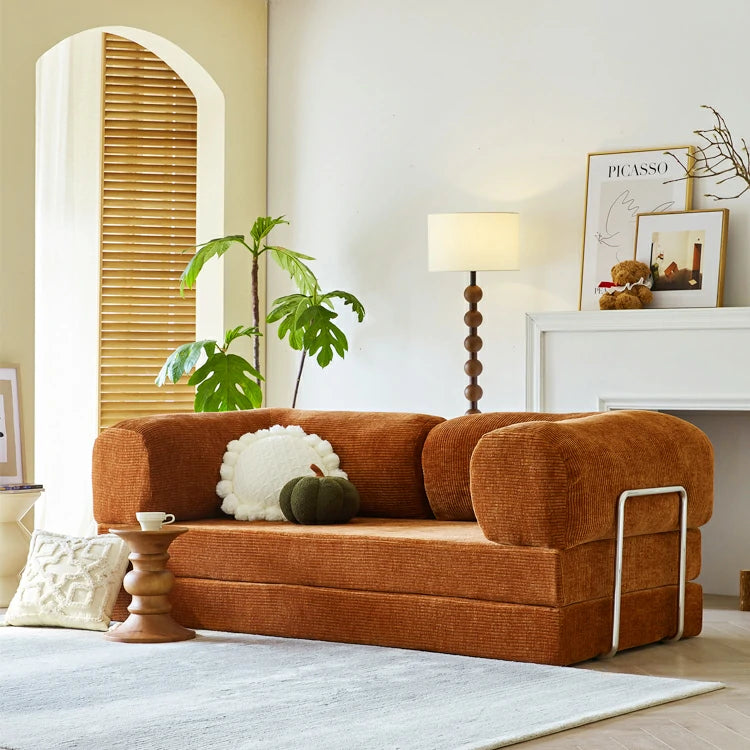 folding couch bed, small sectional sofa, Compression foam sofa,Orange Corduroy