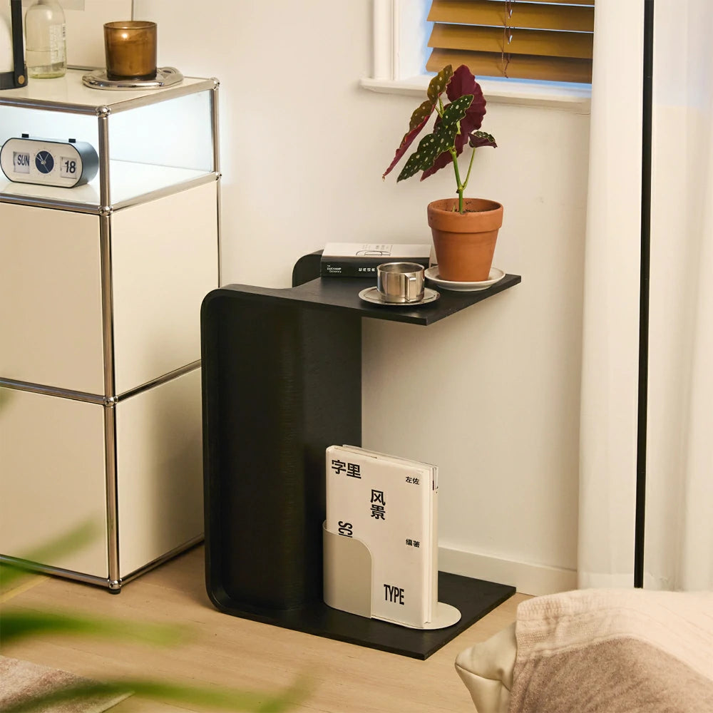 C-Shaped Natural Convertible Wood Side Table with Storage black