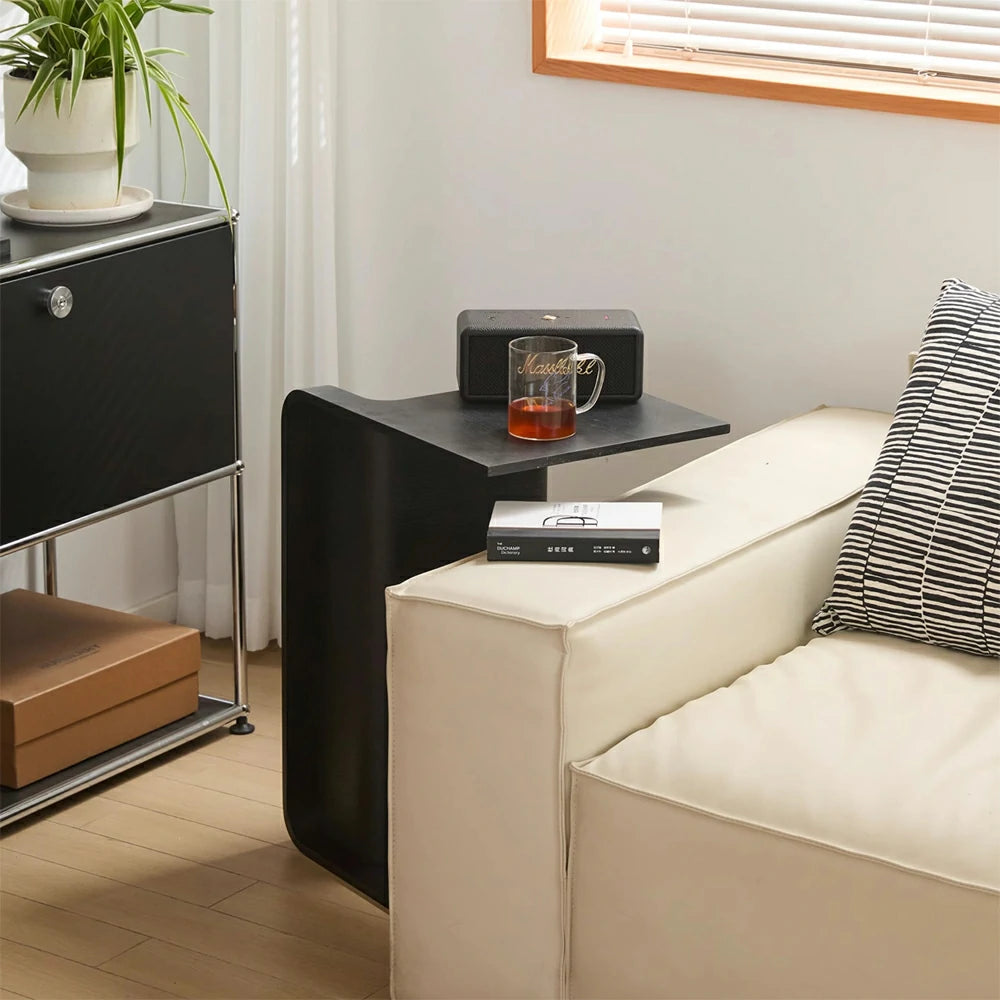 C-Shaped Natural Convertible Wood Side Table with Storage black