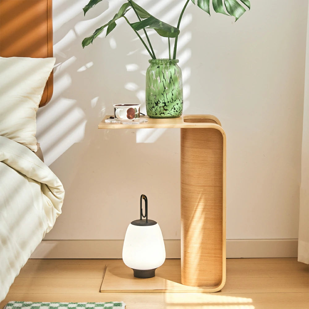 C-Shaped Natural Convertible Wood Side Table with Storage ash