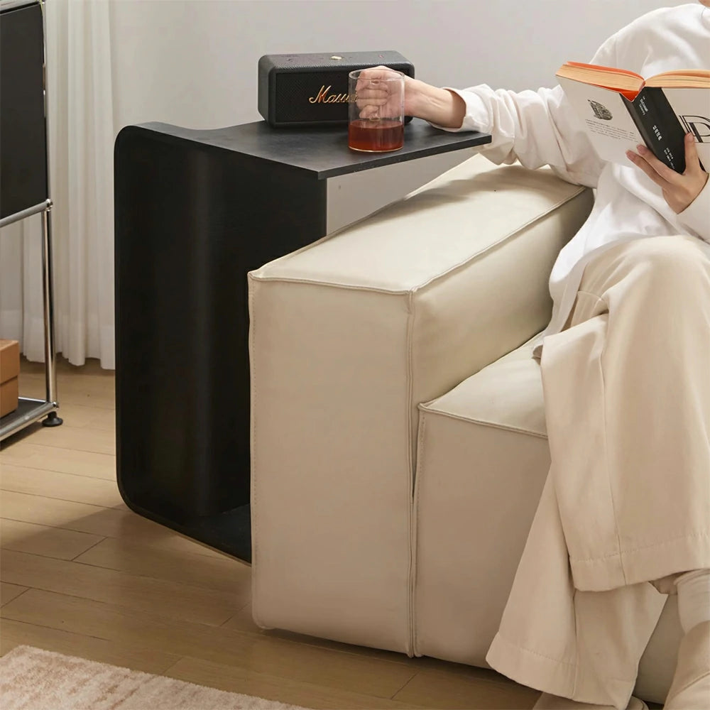 C-Shaped Natural Convertible Wood Side Table with Storage black