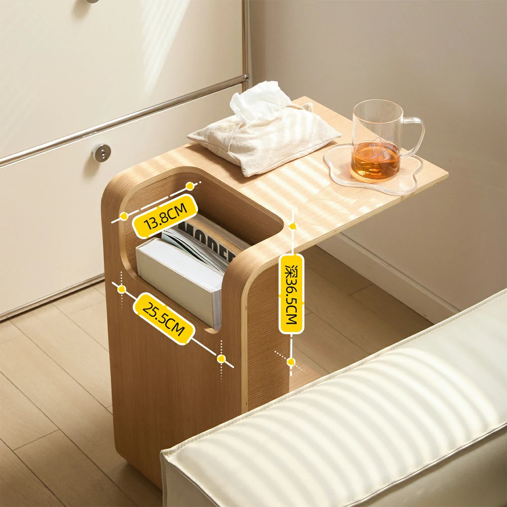 C-Shaped Natural Convertible Wood Side Table with Storage close up