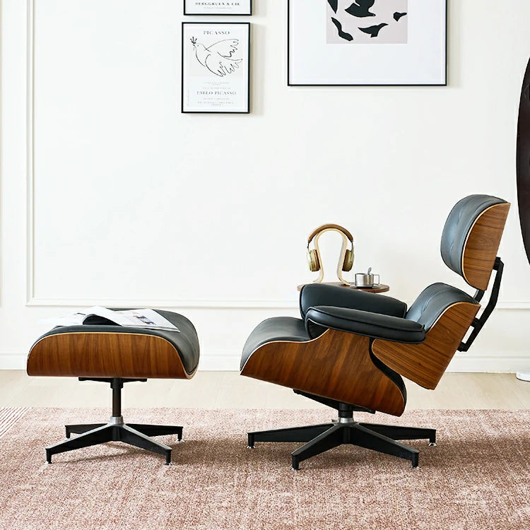 Fauteuil lounge et pouf Eames en cuir noir italien réplique