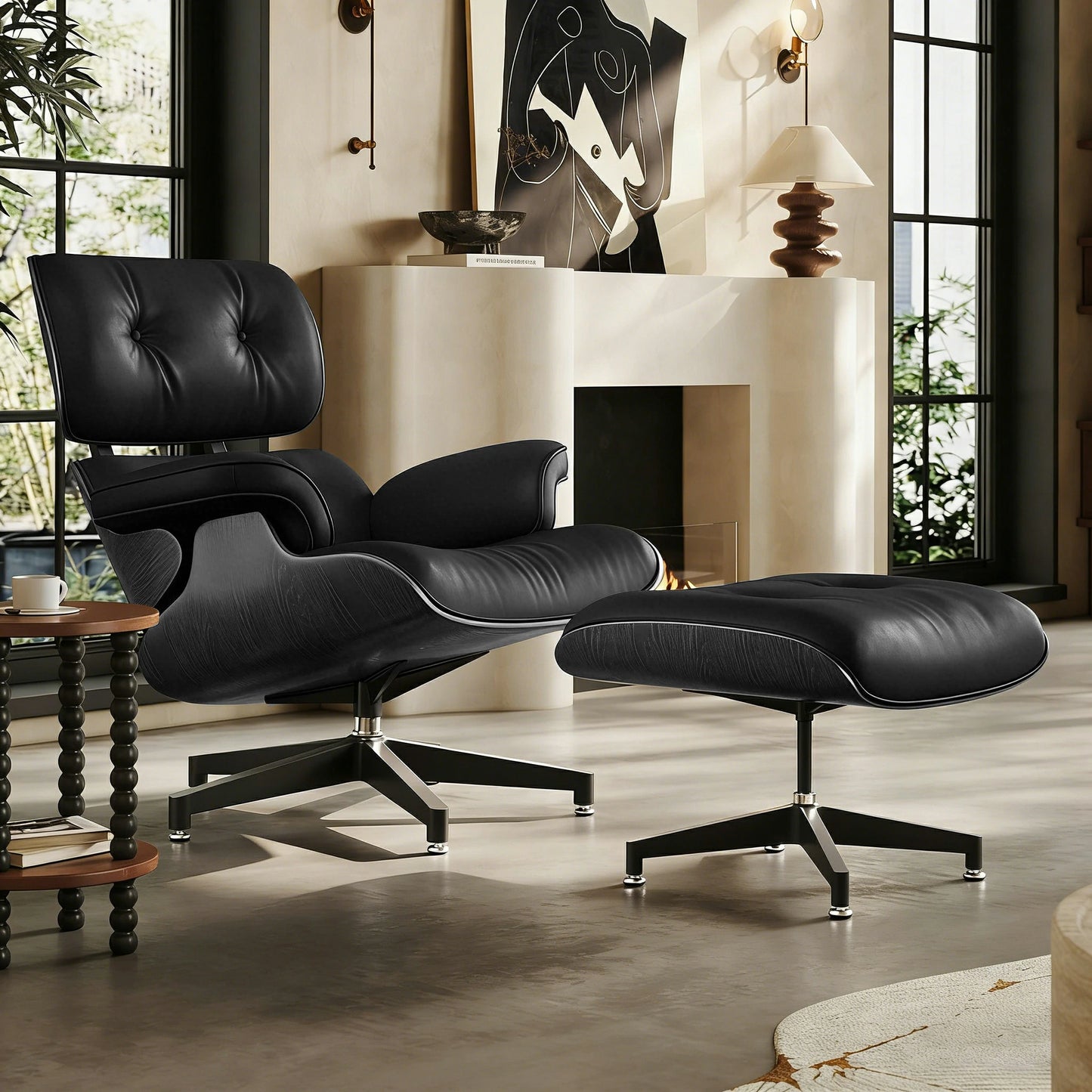 Réplica de sillón y otomana Eames en cuero italiano negro