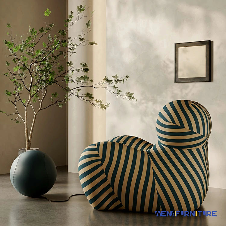 Fauteuil et pouf répliques La Mamma UP 5 et UP 6 | Tissu à rayures vertes et beiges