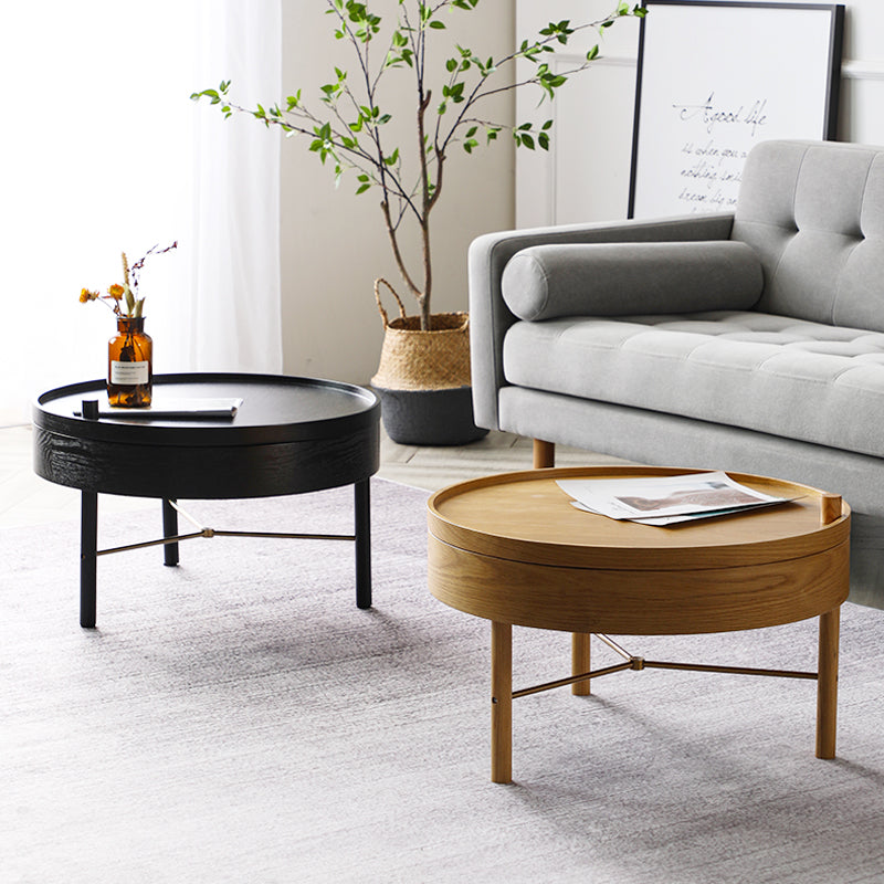 Modern Round Wood Rotating Tray Coffee Table with Storage & Metal Legs in Black