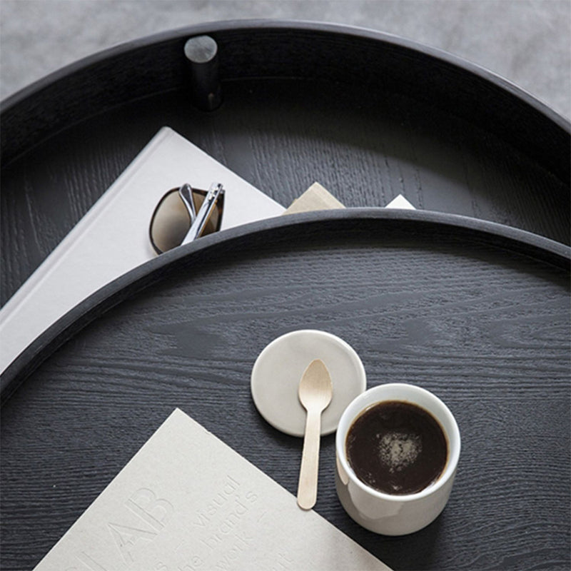 Modern Round Wood Rotating Tray Coffee Table with Storage & Metal Legs in black
