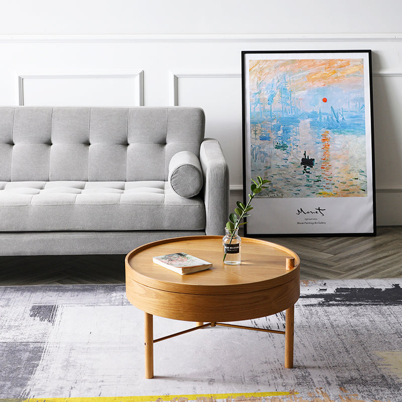 Modern Round Wood Rotating Tray Coffee Table with Storage & Metal Legs in nature