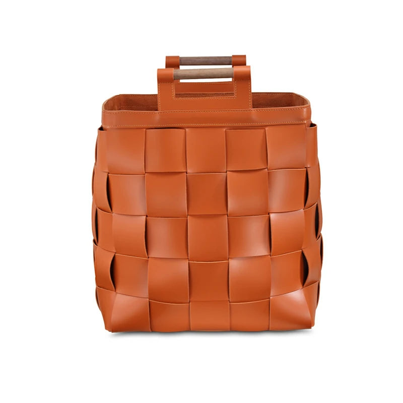 Handmade Leather Handle Basket woven Storage Basket
