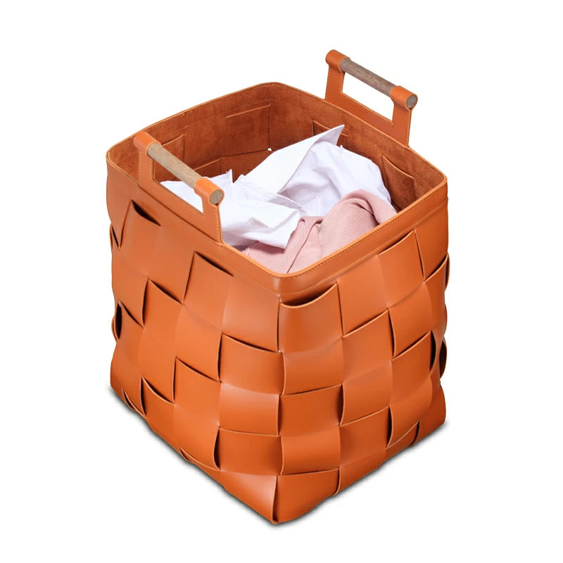 Handmade Leather Handle Basket woven Storage Basket