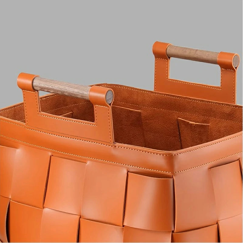 Handmade Leather Handle Basket woven Storage Basket