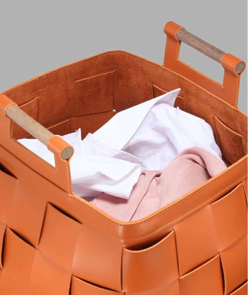 Handmade Leather Handle Basket woven Storage Basket