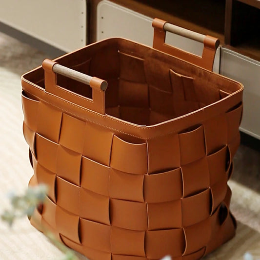 Handmade Leather Handle Basket woven Storage Basket