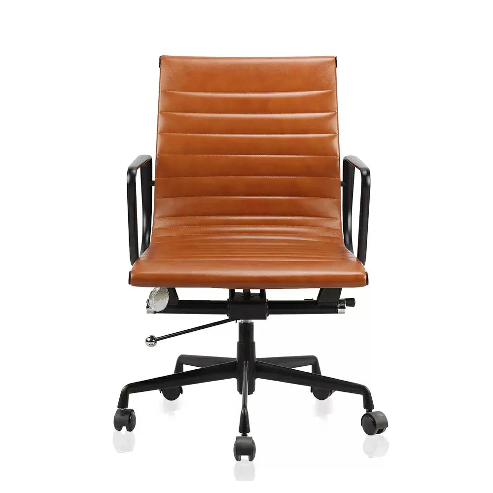 Replica Eames Mid Back Genuine Leather management Black Aluminium Office Chair