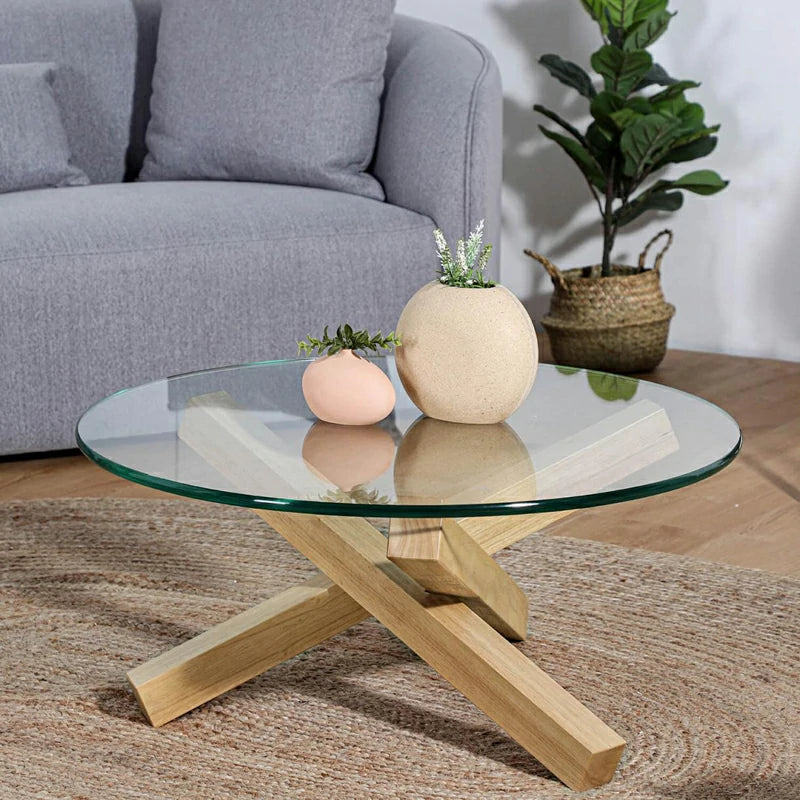 Table basse réplique Campfire en frêne naturel et verre trempé 15 mm