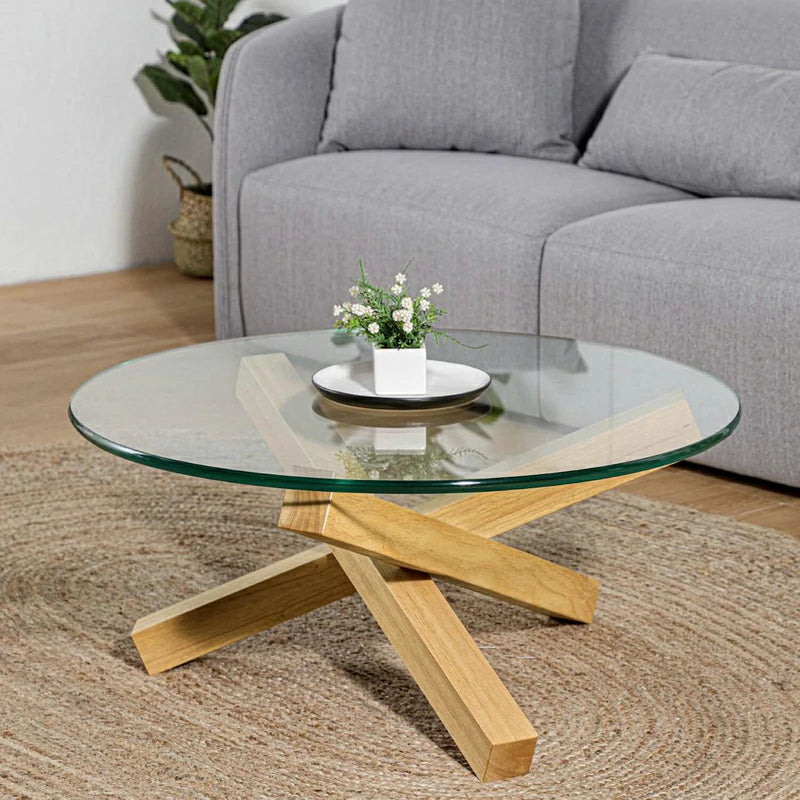 Table basse réplique Campfire en frêne naturel et verre trempé 15 mm