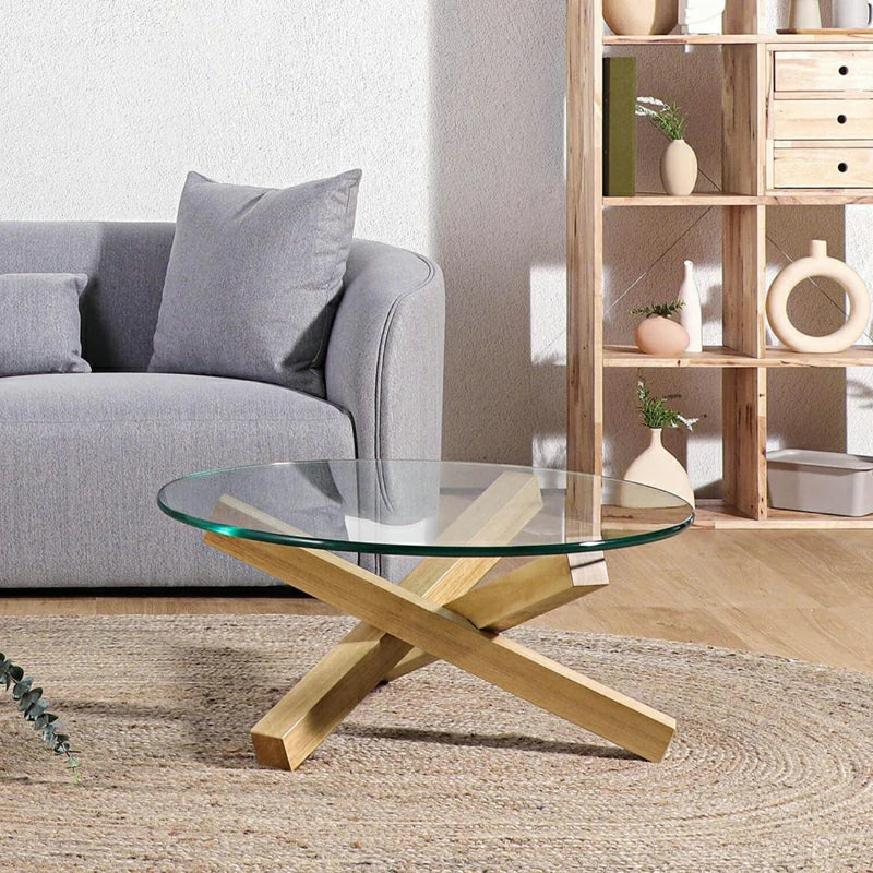 Table basse réplique Campfire en frêne naturel et verre trempé 15 mm