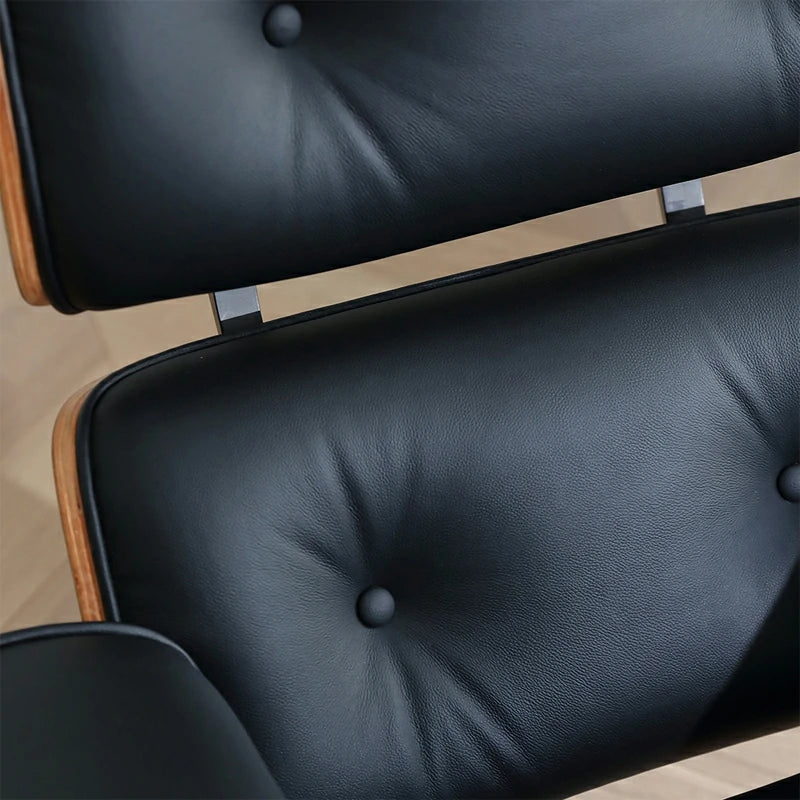 Eames lounge chair and ottoman Black Italian Leather Replica close up