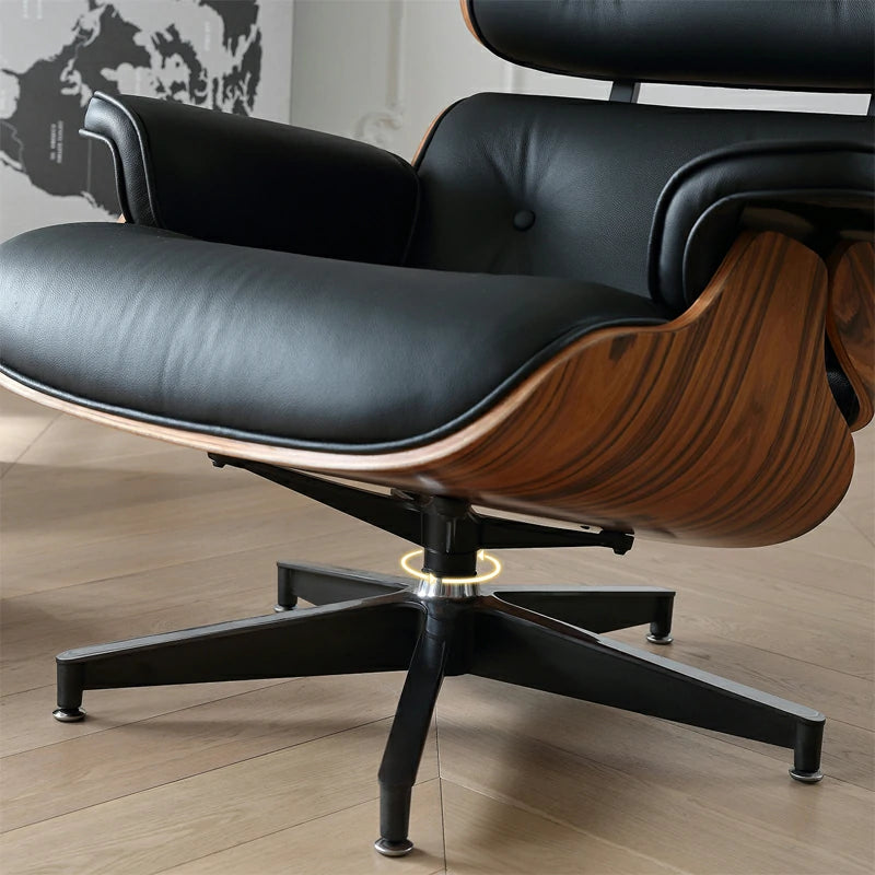 Eames lounge chair and ottoman Black Italian Leather Replica close up