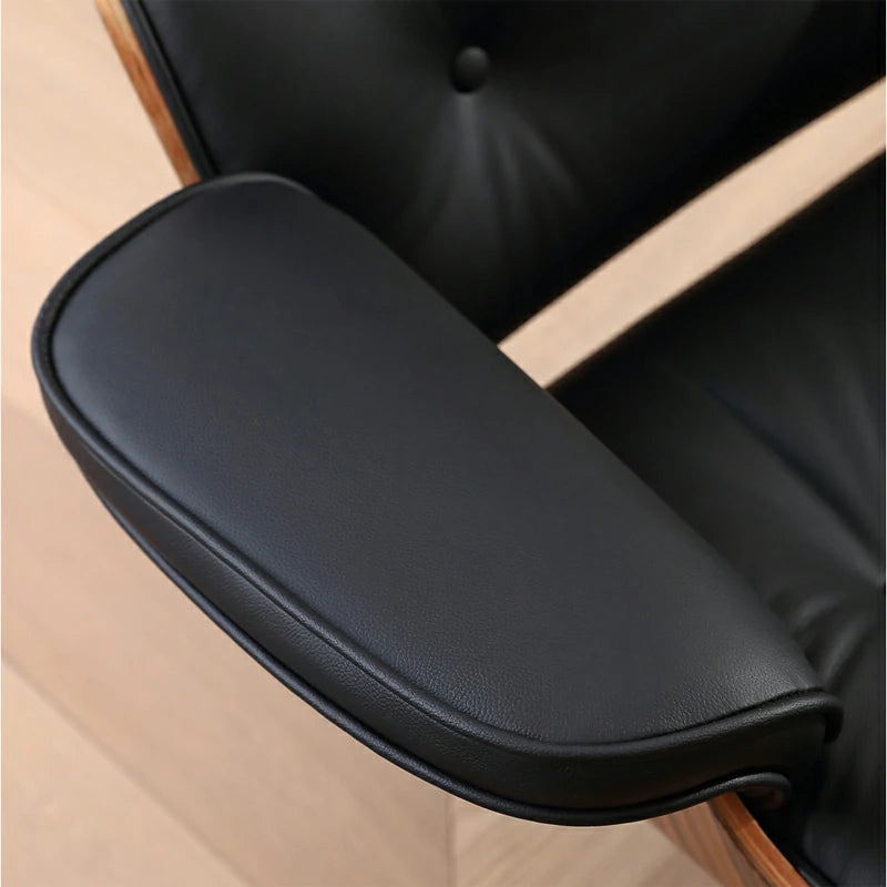 Eames lounge chair and ottoman Black Italian Leather Replica close up