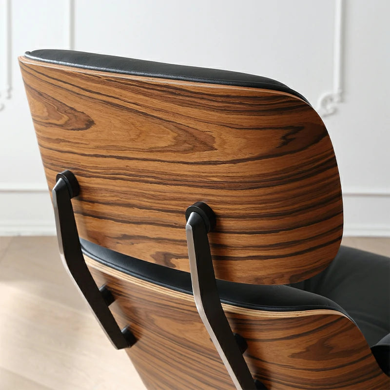 Eames lounge chair and ottoman Black Italian Leather Replica close up