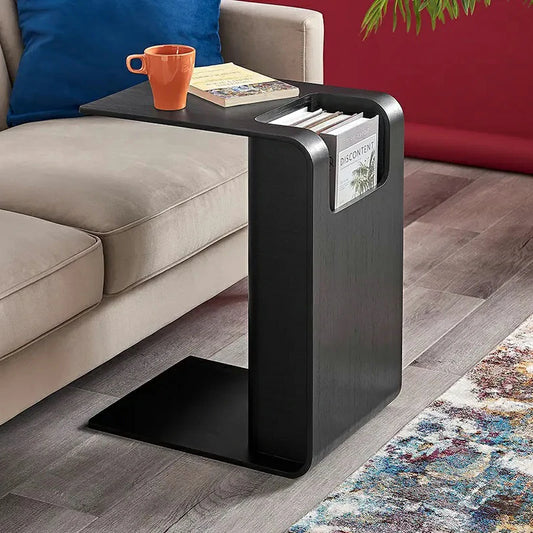 C-Shaped Natural Convertible Wood Side Table with Storage black