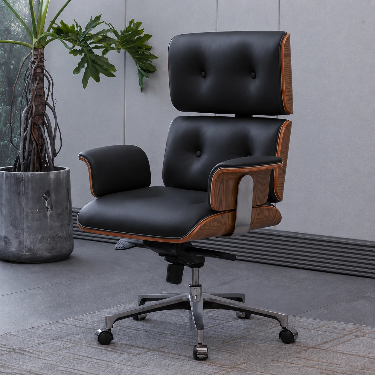 Eames Premium High Back Replica Executive Office Chair (Walnut Black Leather)