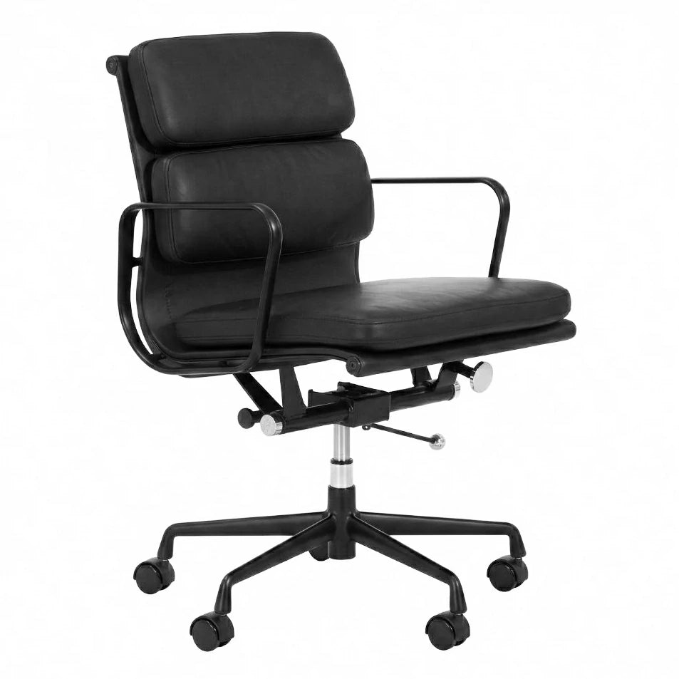 Silla de oficina Eames Executive Soft Pad de cuero genuino negro, réplica de respaldo bajo