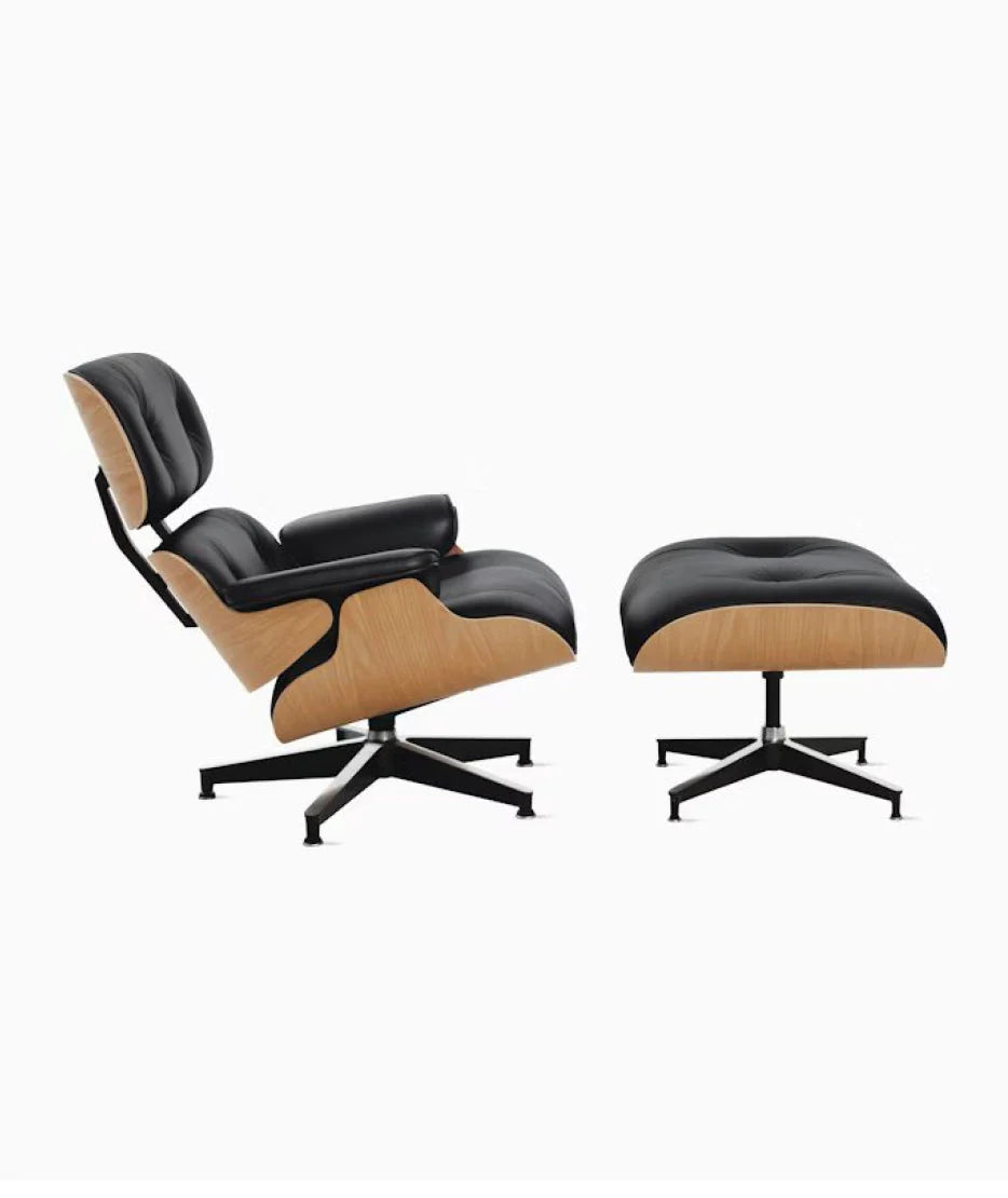 Réplica de sillón y otomana Eames en cuero italiano negro