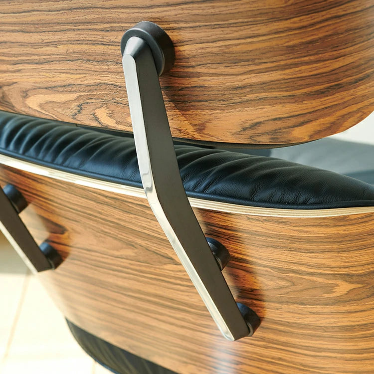 Eames lounge chair and ottoman Black Italian Leather Replica close up