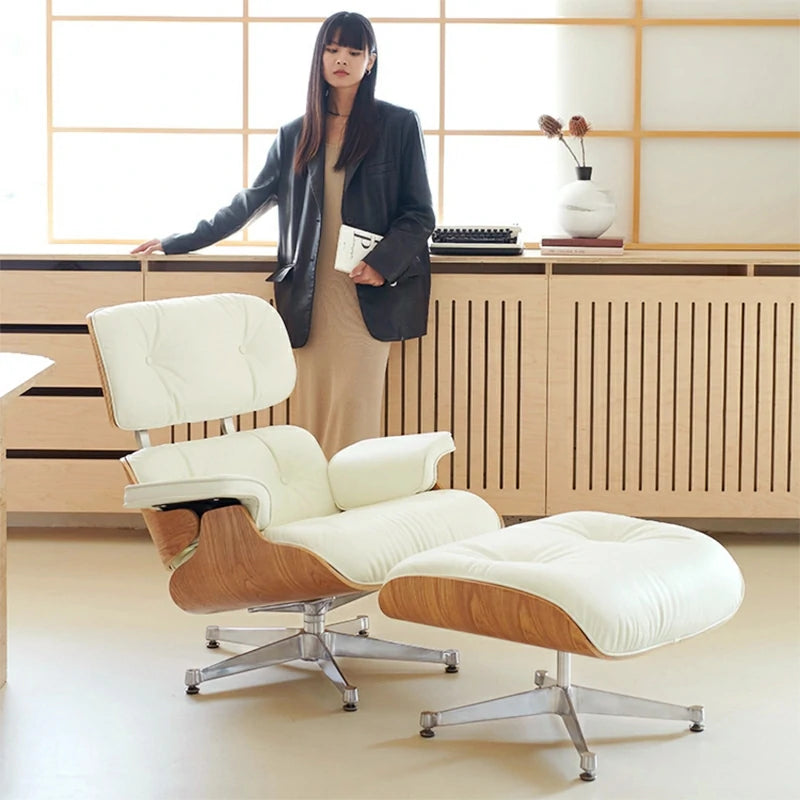 Eames Lounge Chair and ottoman Replica white leather Oak & Full Shine VT Feet