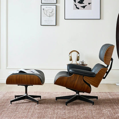 Fauteuil lounge et pouf Eames en cuir noir italien réplique