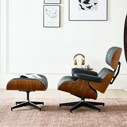 Fauteuil lounge et pouf Eames en cuir noir italien réplique
