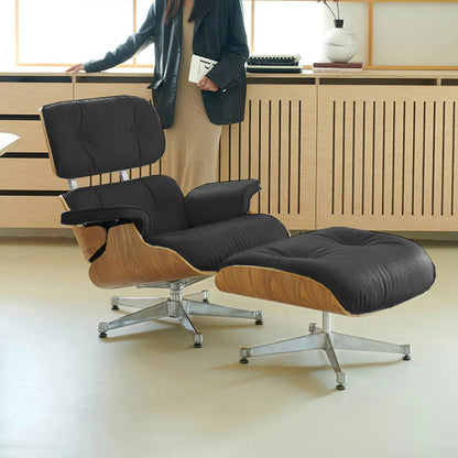 Réplica de sillón y otomana Eames en cuero italiano negro