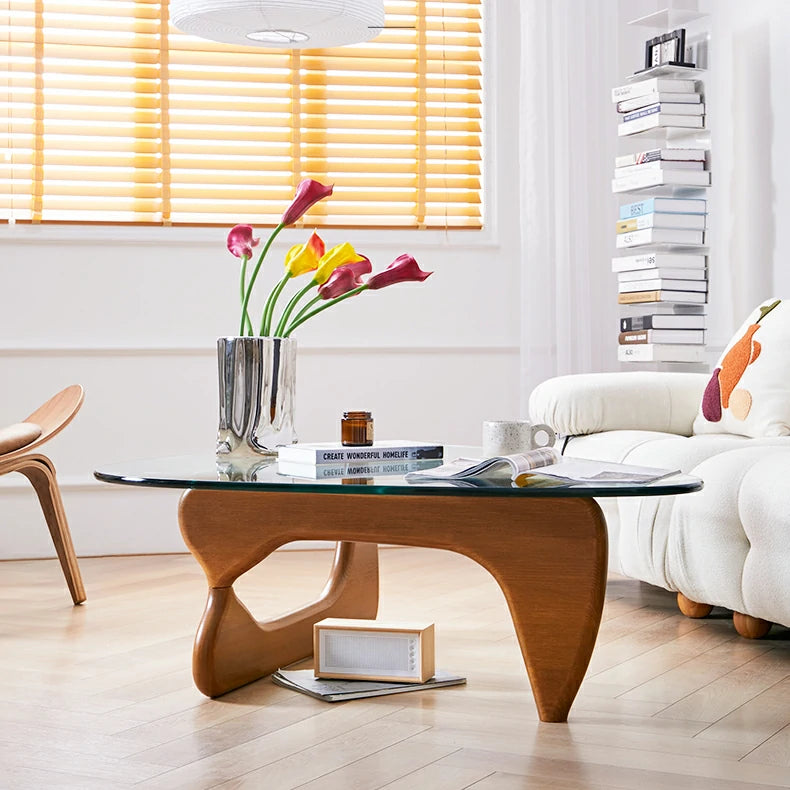 Replica Noguchi Glass and Timber Coffee Table  Light Walnut