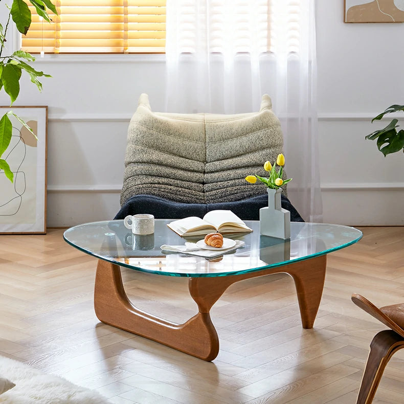 Replica Noguchi Glass and Timber Coffee Table  Light Walnut