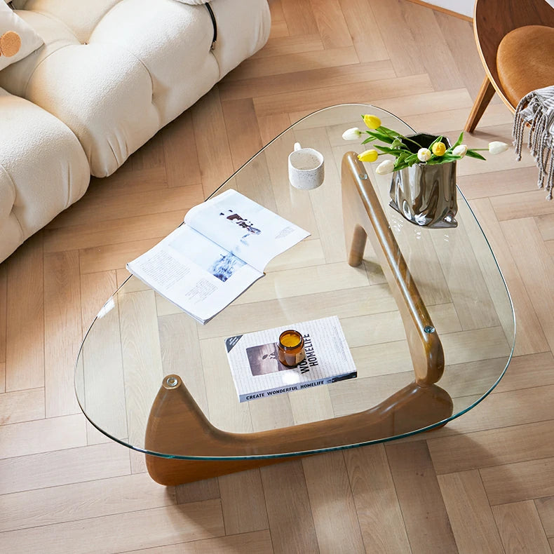 Replica Noguchi Glass and Timber Coffee Table  Light Walnut
