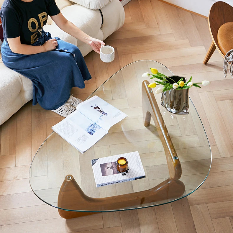 Replica Noguchi Glass and Timber Coffee Table  Light Walnut