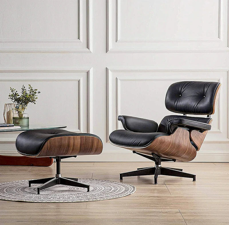 Eames lounge chair and ottoman Black Italian Leather Replica 45° angle