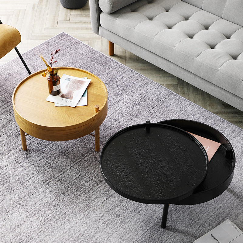 Modern Round Wood Rotating Tray Coffee Table with Storage & Metal Legs in  Natural