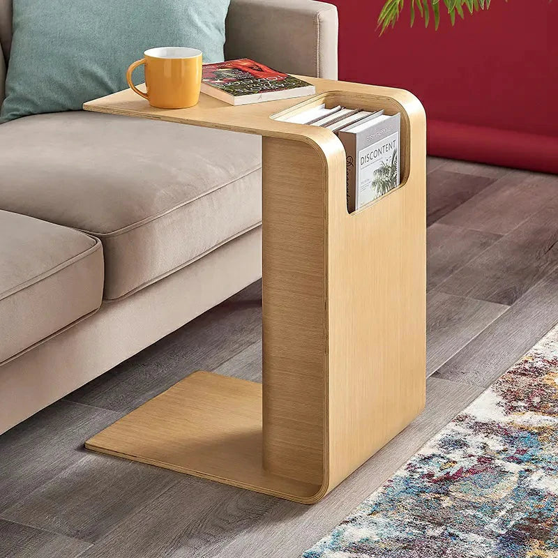 C-Shaped Natural Convertible Wood Side Table with Storage