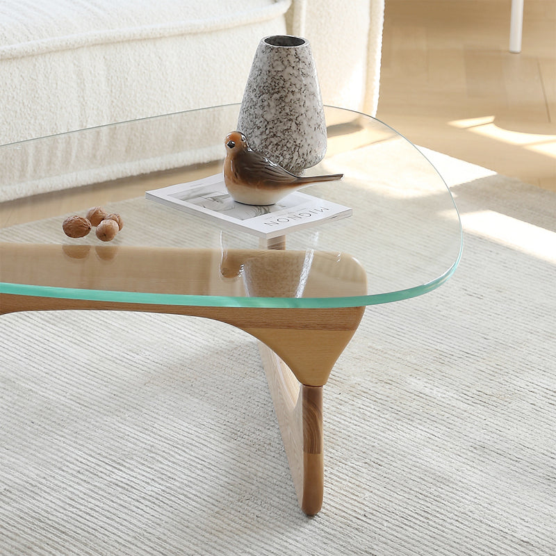 Replica Noguchi Coffee Table 19mm Glass Top - Natural Ash Timber close up
