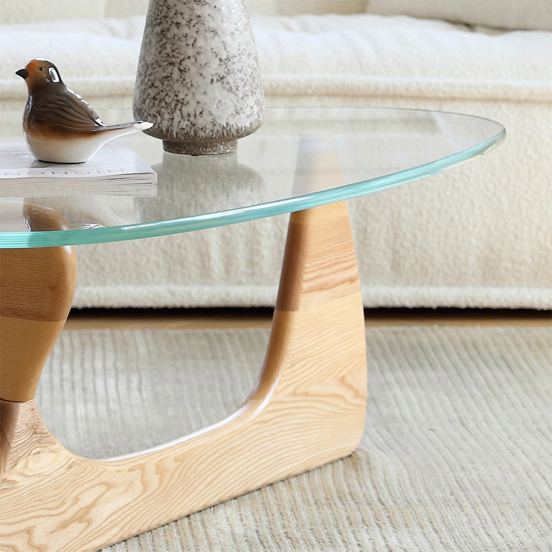 Replica Noguchi Coffee Table 19mm Glass Top - Natural Ash Timber close up