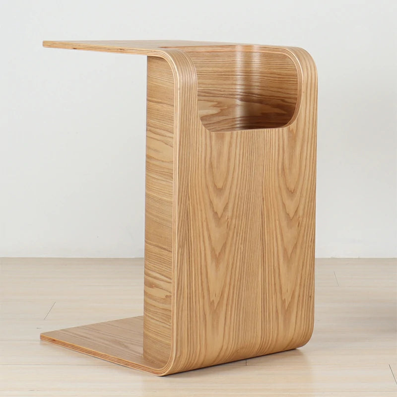 C-Shaped Natural Convertible Wood Side Table with Storage