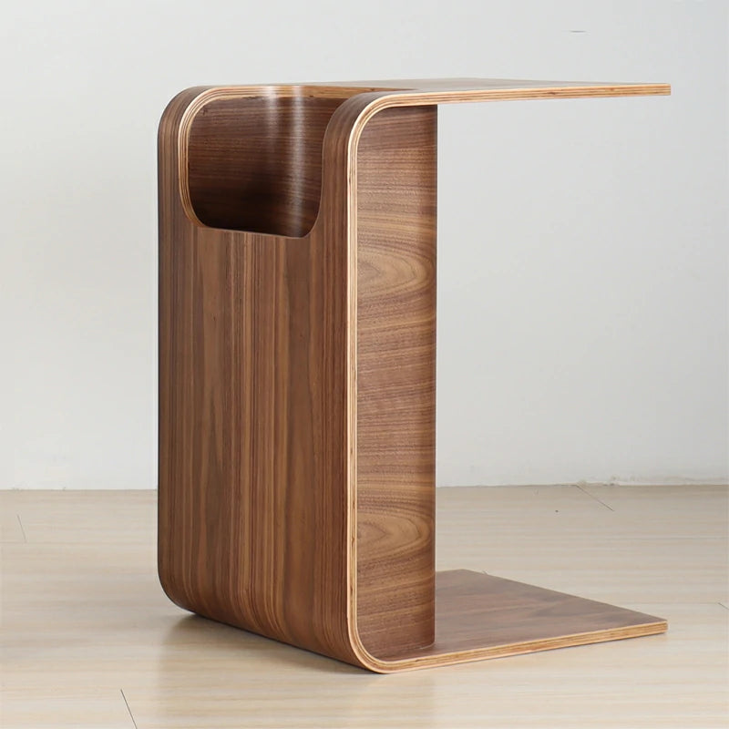 C-Shaped Natural Convertible Wood Side Table with Storage walnut